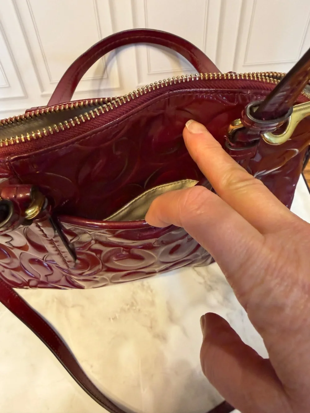 Coach Red Patent Leather Embossed Signature Dome Satchel & Matching Wallet Set
